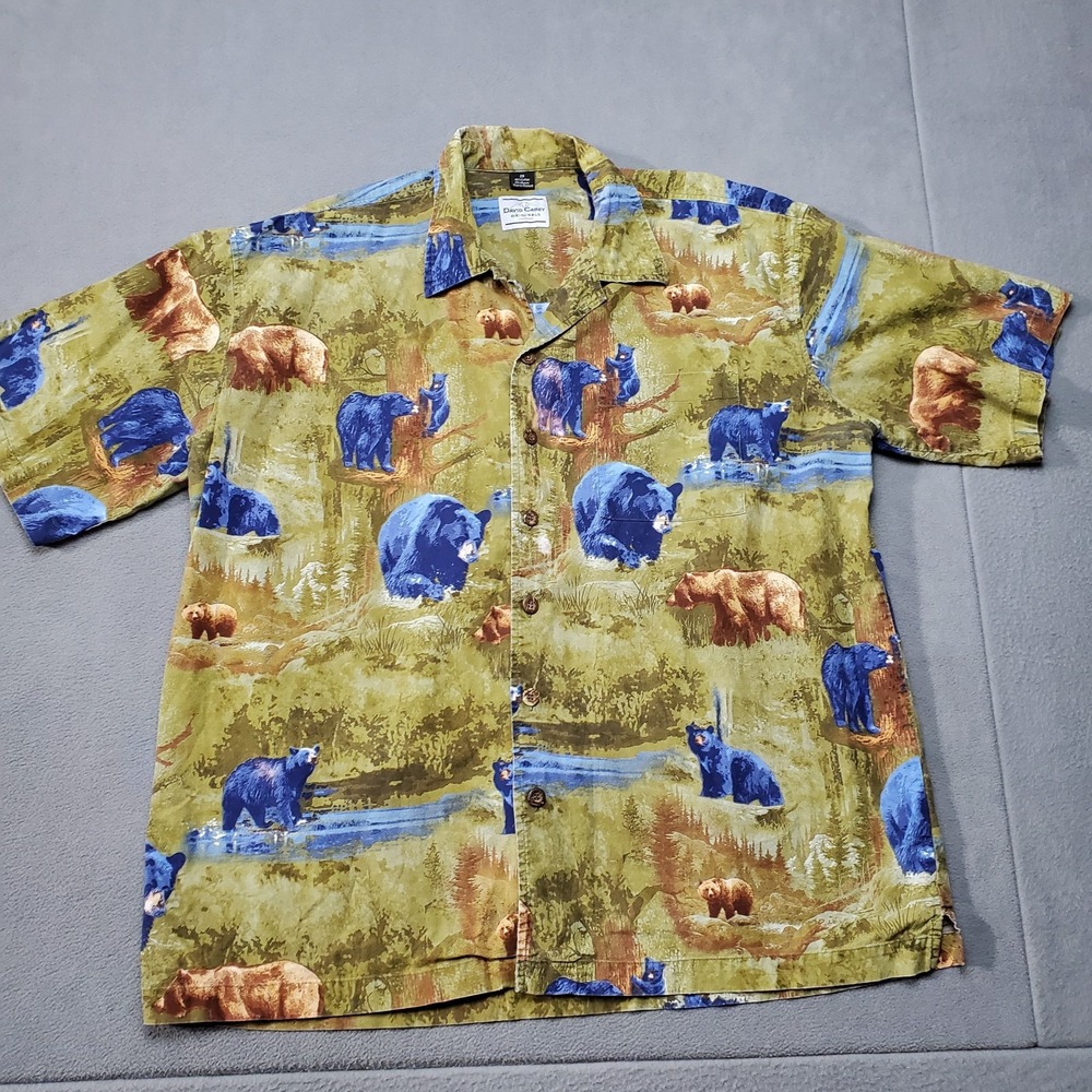 David Carey Button Up Mens 2XL Green Blue Excellent Bear Grizzly Outdoor Camp